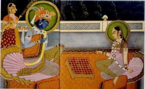 Les divinités indienne Krishna et Radha jouant au Chaturanga, l'ancêtre du shōgi